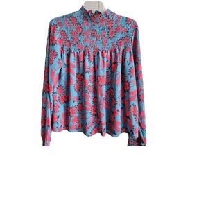 Abercrombie & Fitch Blouse Smocked Floral Womens M Blue Red